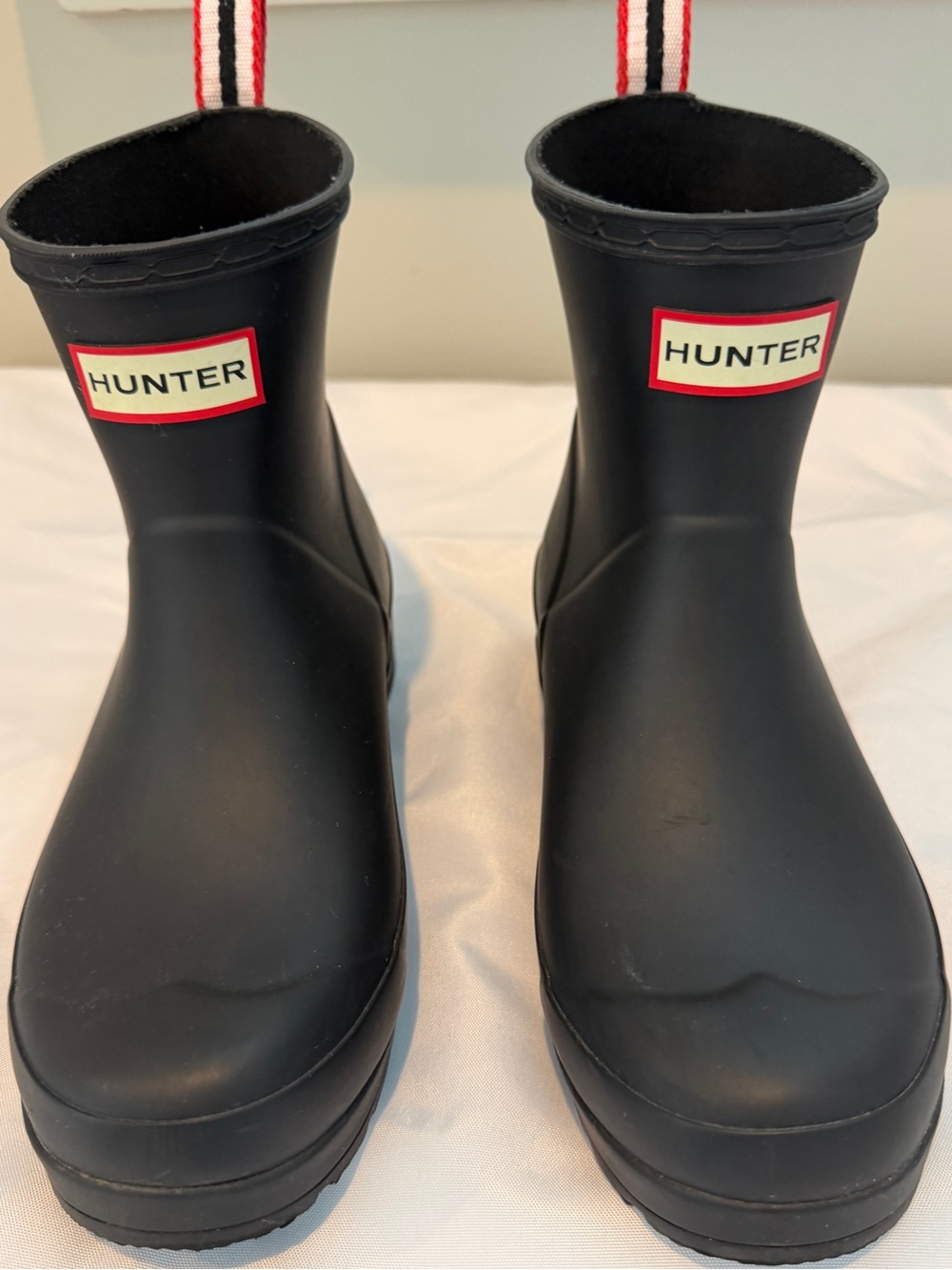 Hunter Short Black Rain Boots with Red Trim Pull Tabs
